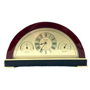 Bulova Quartz Mantel Shelf Clock w Thermometer Hygrometer Wood Tone